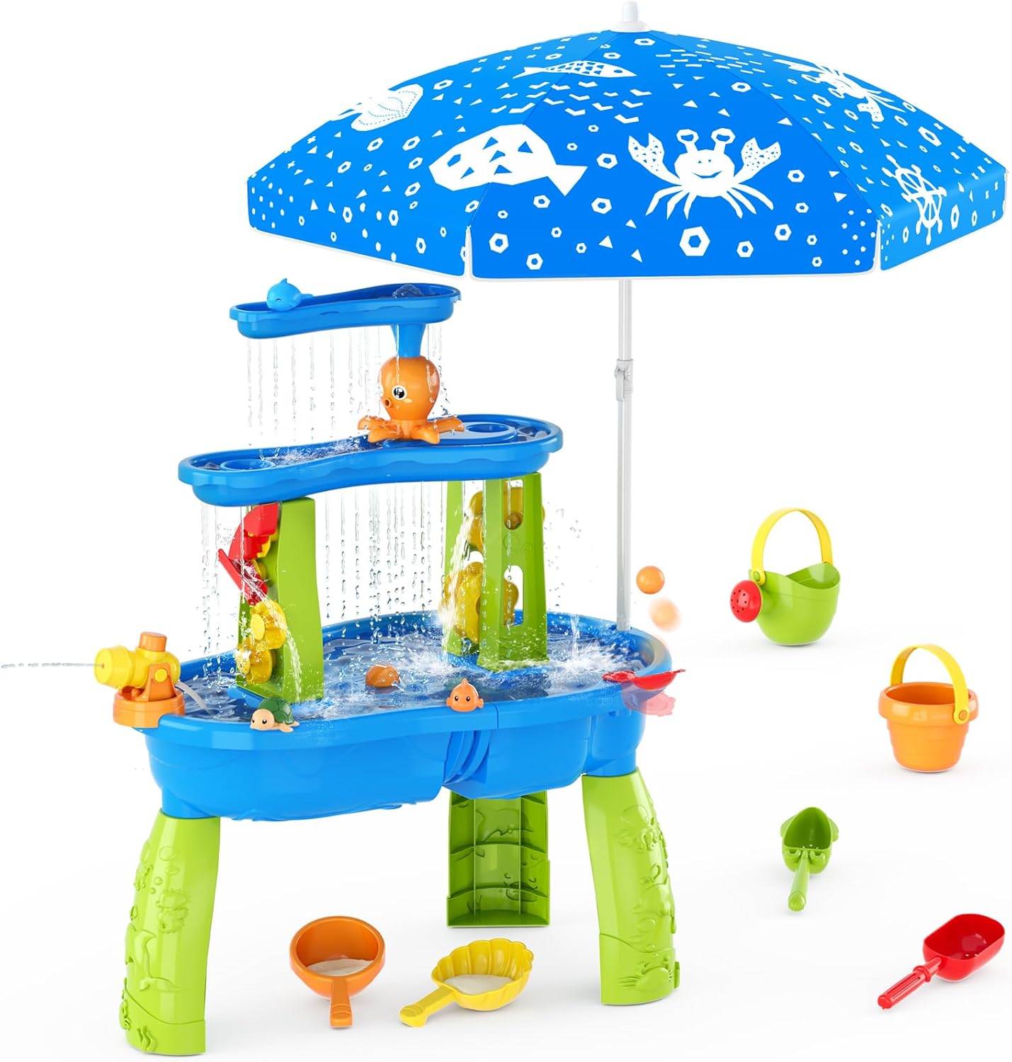 Water Table for Toddlers 3-5, 3-Tier Kids Splash Sand Table Water Toys with Umbrella, Rain Showers Splash Pond for Outdoor Beach Backyard Summer, Activity Sensory Playset for Boys Girls, Blue