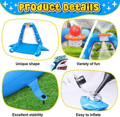 JOSEN Sprinkler for Kids Outdoor Play, Giant Inflatable Shark Water Toys Splash Pad with Basketball Hoop, Fun Sprinkler Summer Outdoor Game for 3-8 Years Old Children Boys Girls Gift